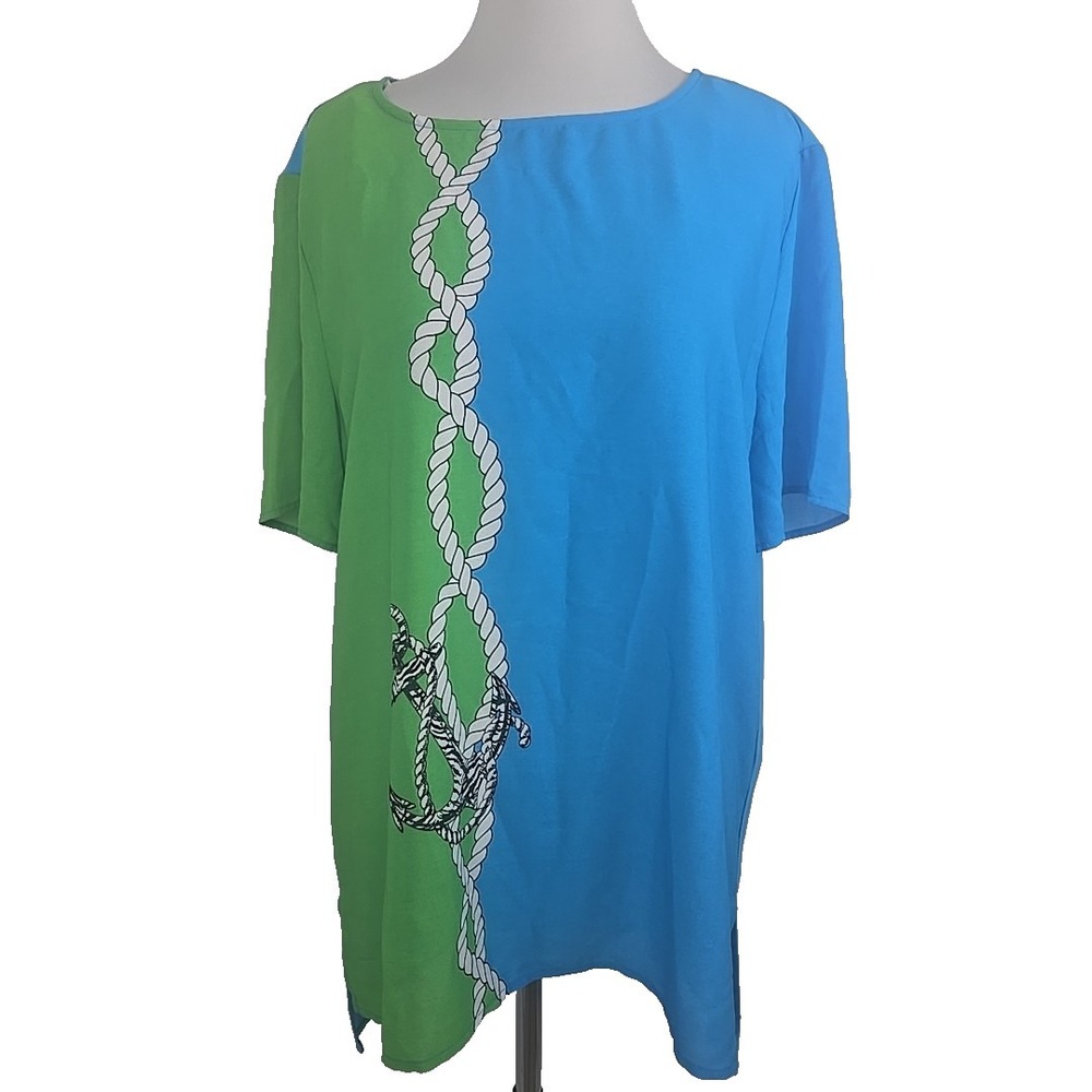 Slim Factor Medium M Nautical Anchor Rope-Print Blue Green Tunic Top
